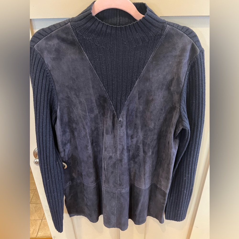 Tory Burch Black Leather Suede Mock Turtleneck Sweater Medium